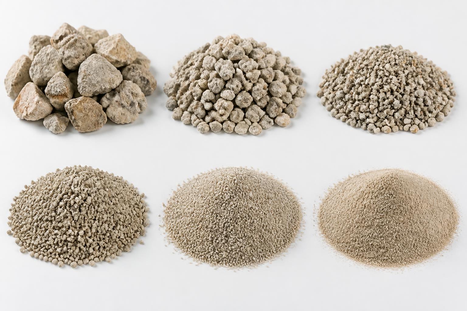 Zeolite clinoptilolite graded granules showing various particle sizes from coarse rock to fine sand